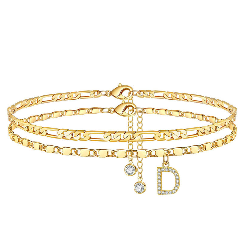 Anklet Layered Chain Electroplated Gold & Rhinestones Adjustable Clasp