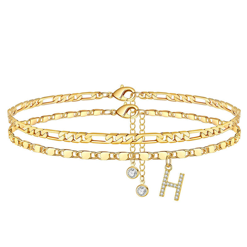 Anklet Layered Chain Electroplated Gold & Rhinestones Adjustable Clasp