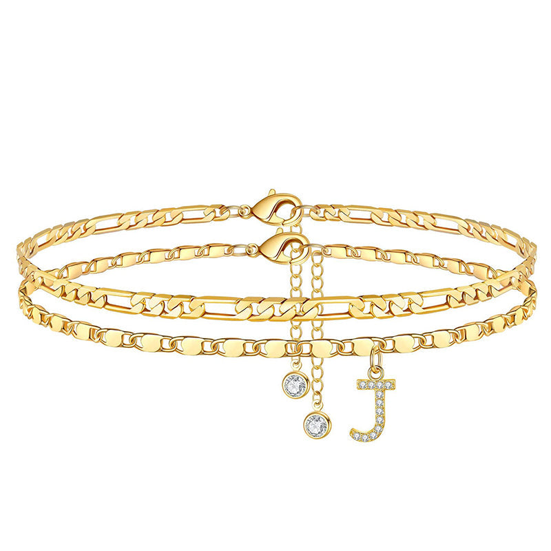 Anklet Layered Chain Electroplated Gold & Rhinestones Adjustable Clasp