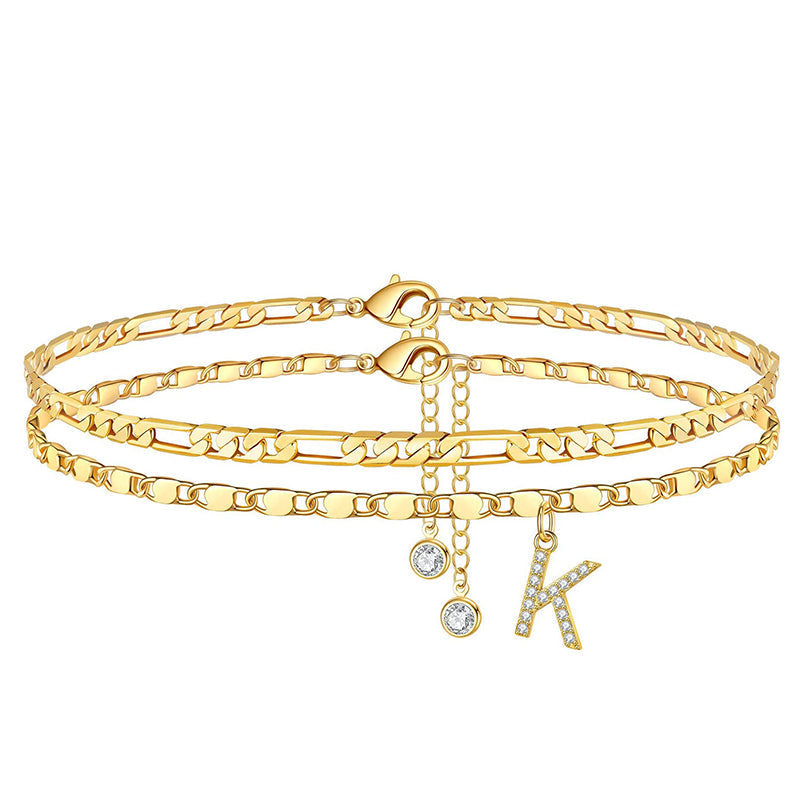 Anklet Layered Chain Electroplated Gold & Rhinestones Adjustable Clasp