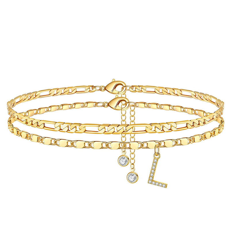 Anklet Layered Chain Electroplated Gold & Rhinestones Adjustable Clasp