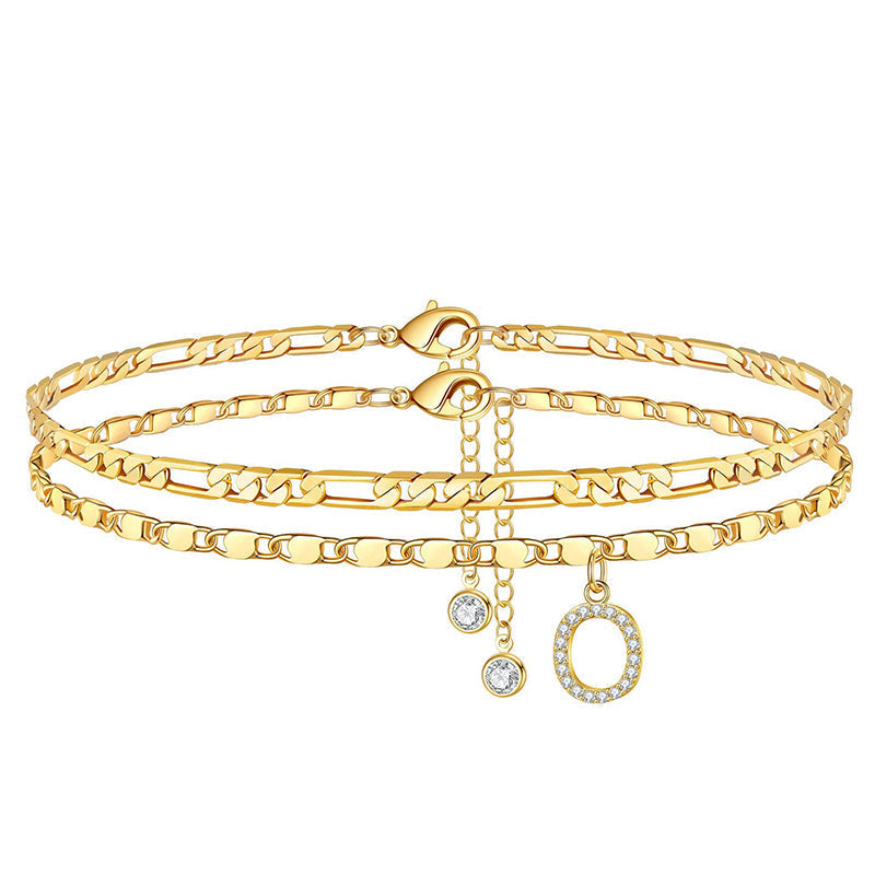 Anklet Layered Chain Electroplated Gold & Rhinestones Adjustable Clasp