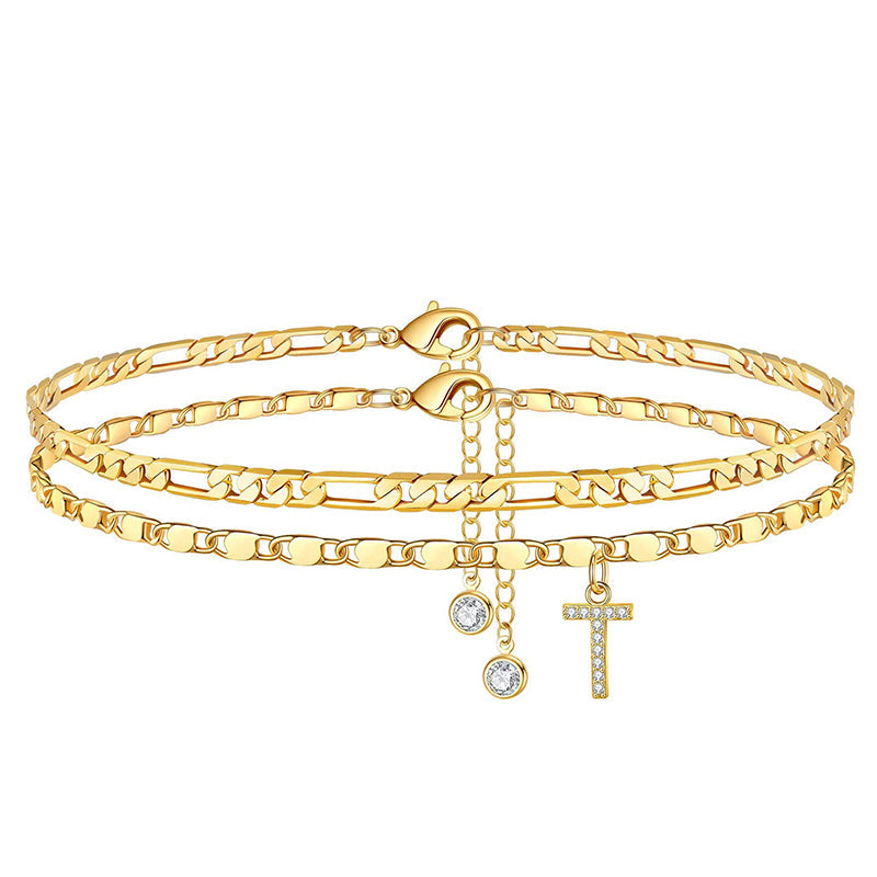 Anklet Layered Chain Electroplated Gold & Rhinestones Adjustable Clasp