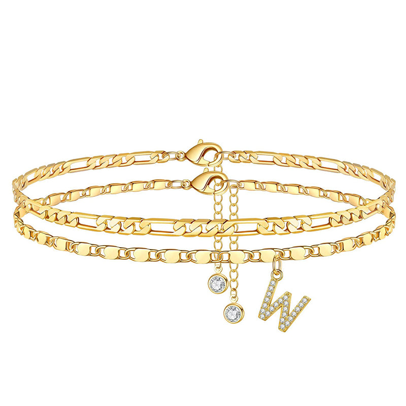 Anklet Layered Chain Electroplated Gold & Rhinestones Adjustable Clasp