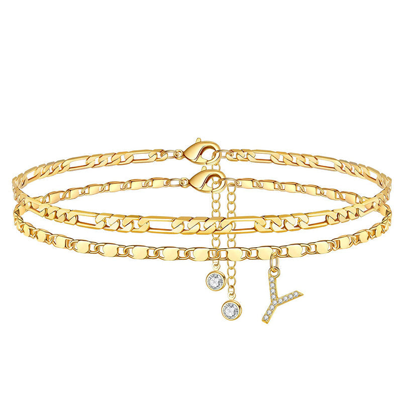 Anklet Layered Chain Electroplated Gold & Rhinestones Adjustable Clasp
