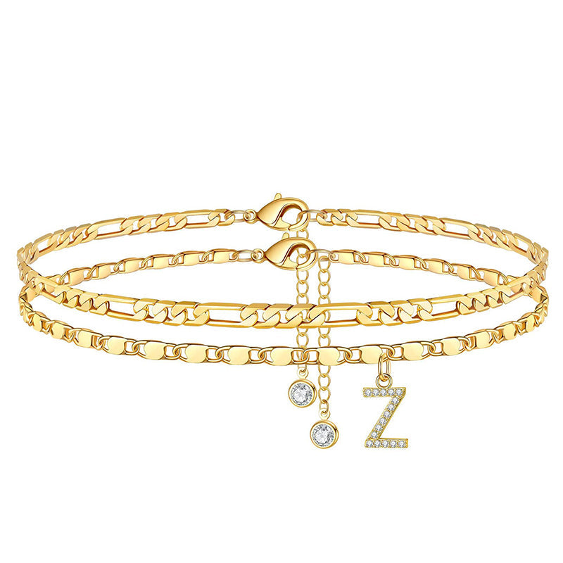 Anklet Layered Chain Electroplated Gold & Rhinestones Adjustable Clasp
