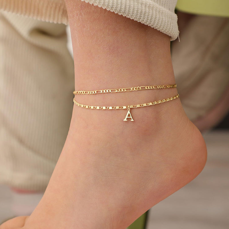 Anklet Layered Chain Electroplated Gold & Rhinestones Adjustable Clasp