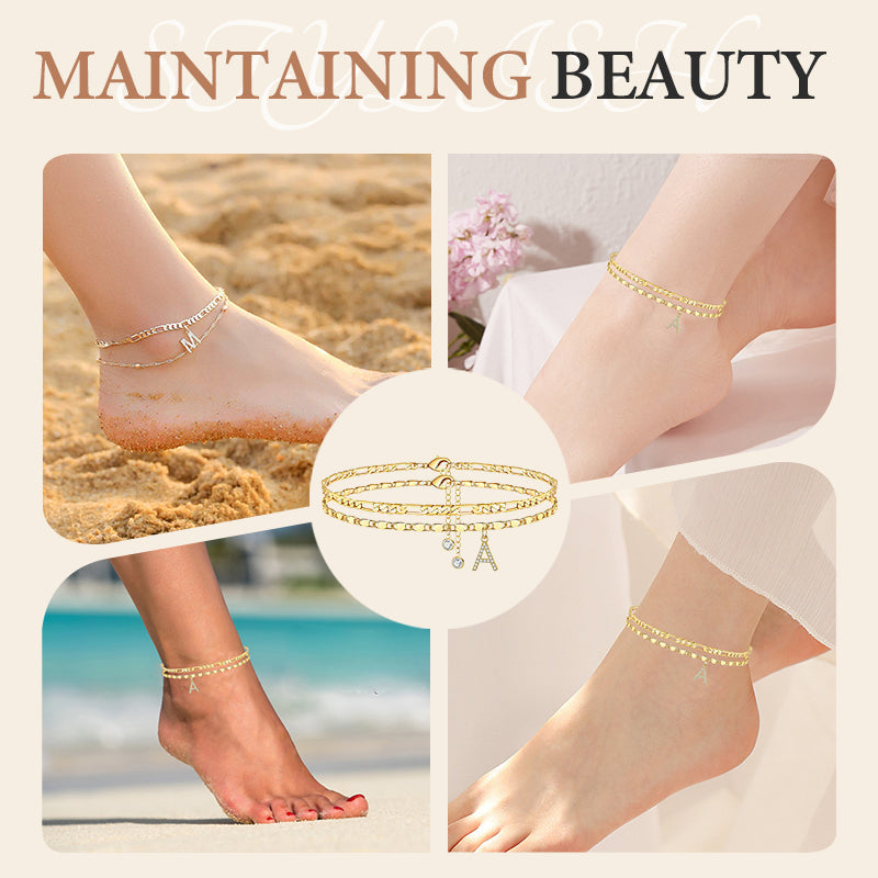 Anklet Layered Chain Electroplated Gold & Rhinestones Adjustable Clasp