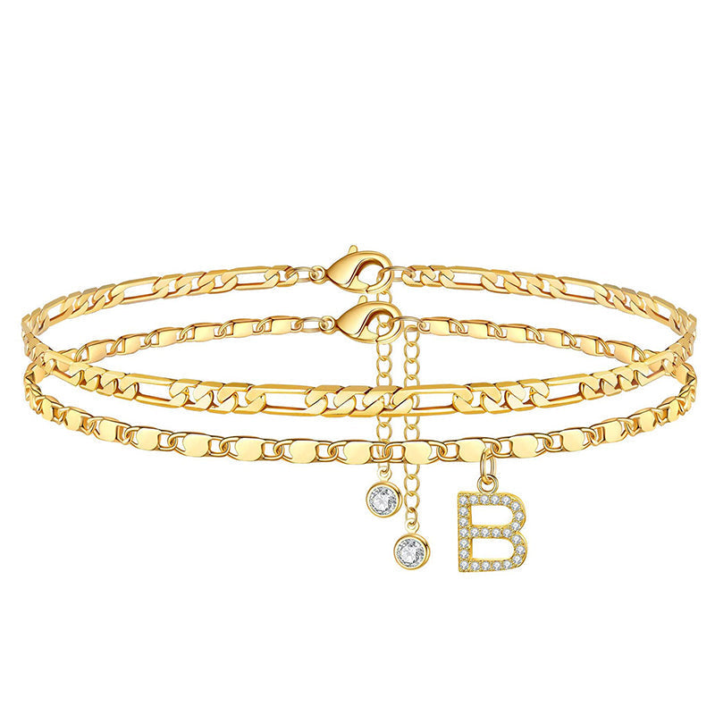 Anklet Layered Chain Electroplated Gold & Rhinestones Adjustable Clasp