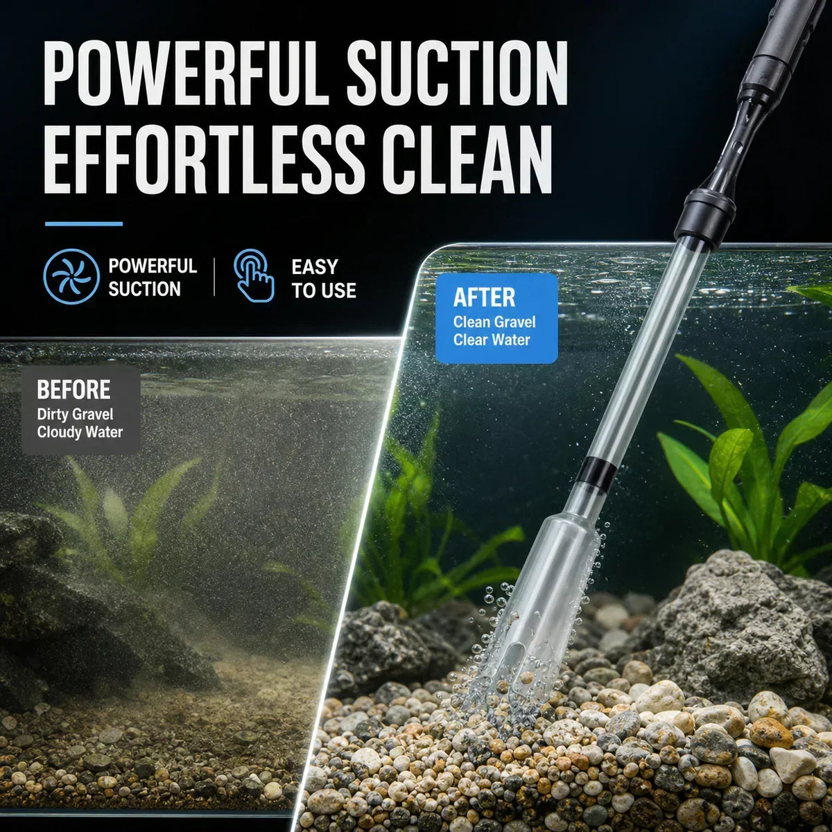 Aquarium Gravel Cleaner Battery-Powered Fine Filter Bag Adjustable Pipe
