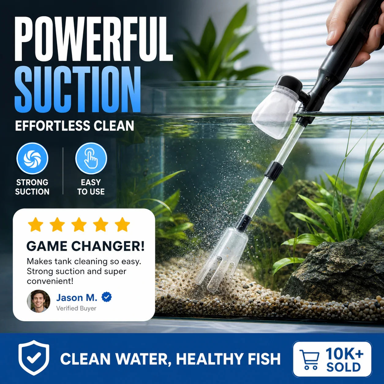 Aquarium Gravel Cleaner Battery-Powered Fine Filter Bag Adjustable Pipe