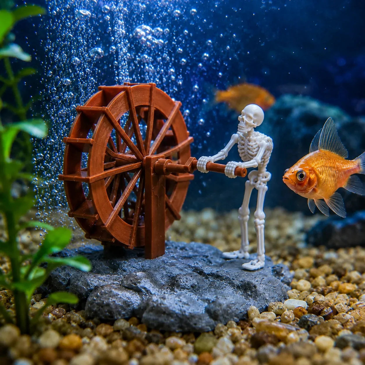 Aquarium Ornament Skeleton Water Wheel Air-Powered Weighted Base Fish-Safe