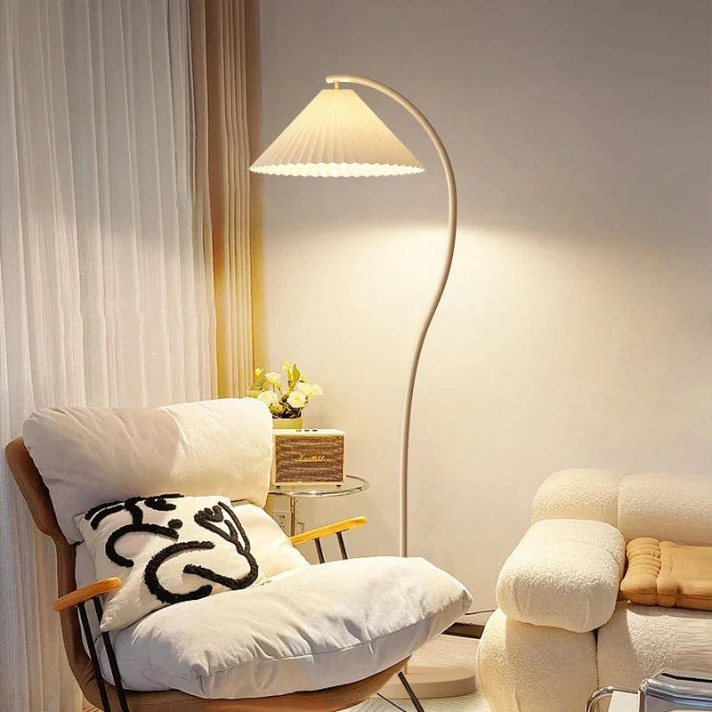 Arc Floor Lamp Pleated Cream Shade LED Bulb Included