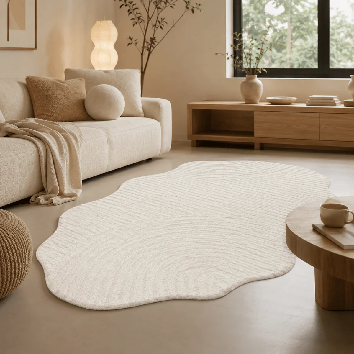 Area Rug Wave-Textured Soft Pile Cream White
