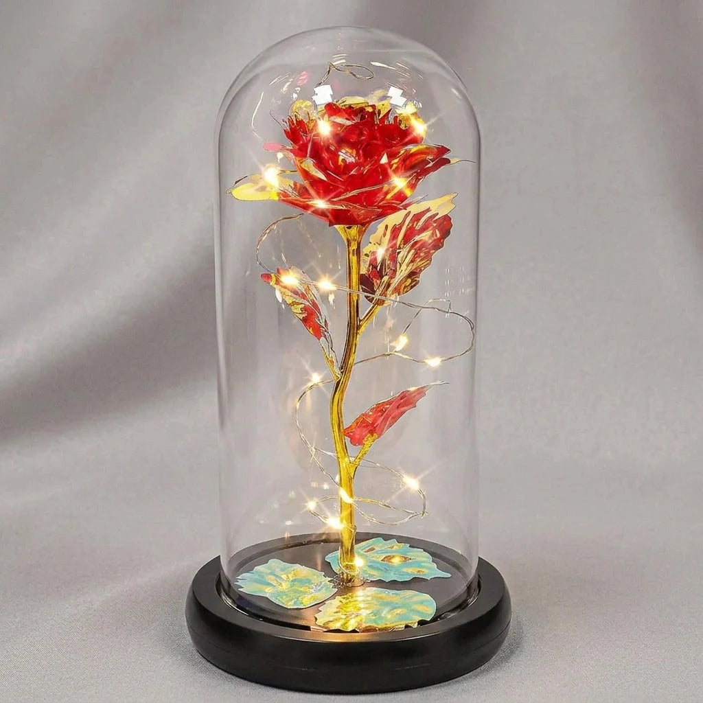 Artificial Rose Warm White LED Glass Dome & Wooden Base