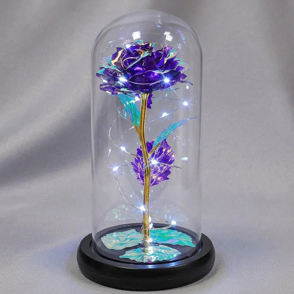Artificial Rose Warm White LED Glass Dome & Wooden Base