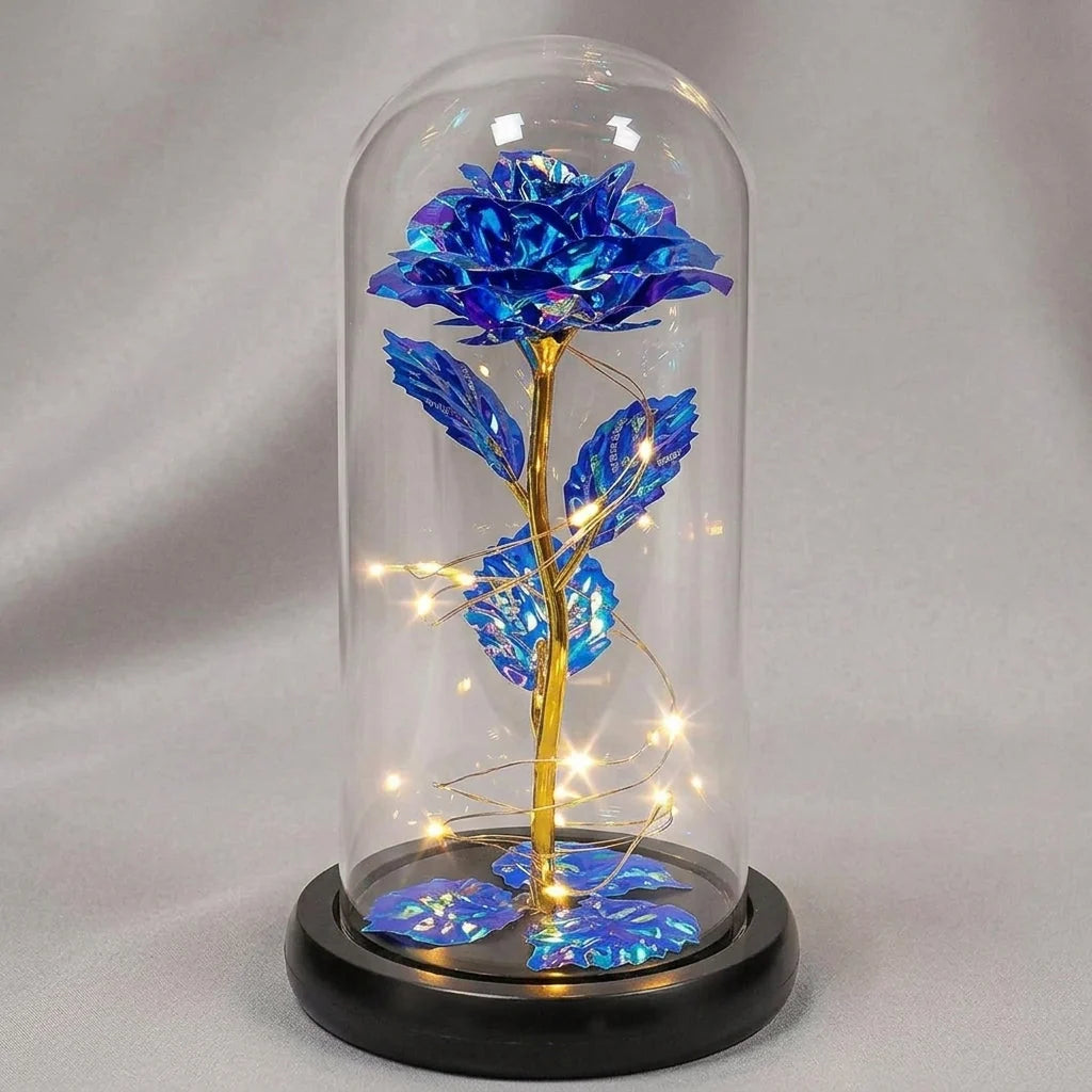 Artificial Rose Warm White LED Glass Dome & Wooden Base