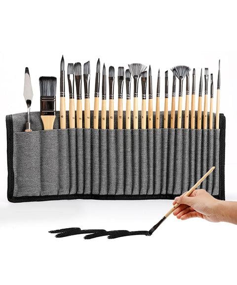 Artist Paint Brush Set 24 Nylon Bristles Wood Handles