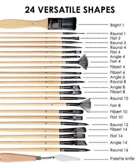 Artist Paint Brush Set 24 Nylon Bristles Wood Handles