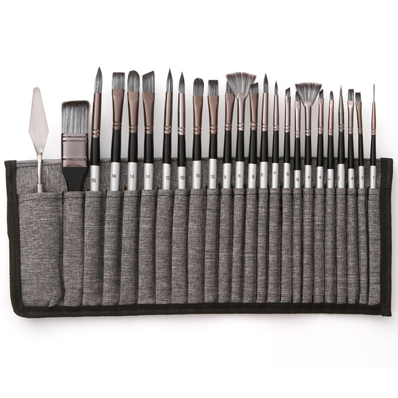 Artist Paint Brush Set 24 Nylon Bristles Wood Handles