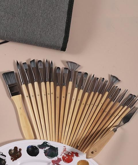 Artist Paint Brush Set 24 Nylon Bristles Wood Handles
