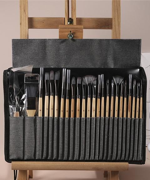 Artist Paint Brush Set 24 Nylon Bristles Wood Handles