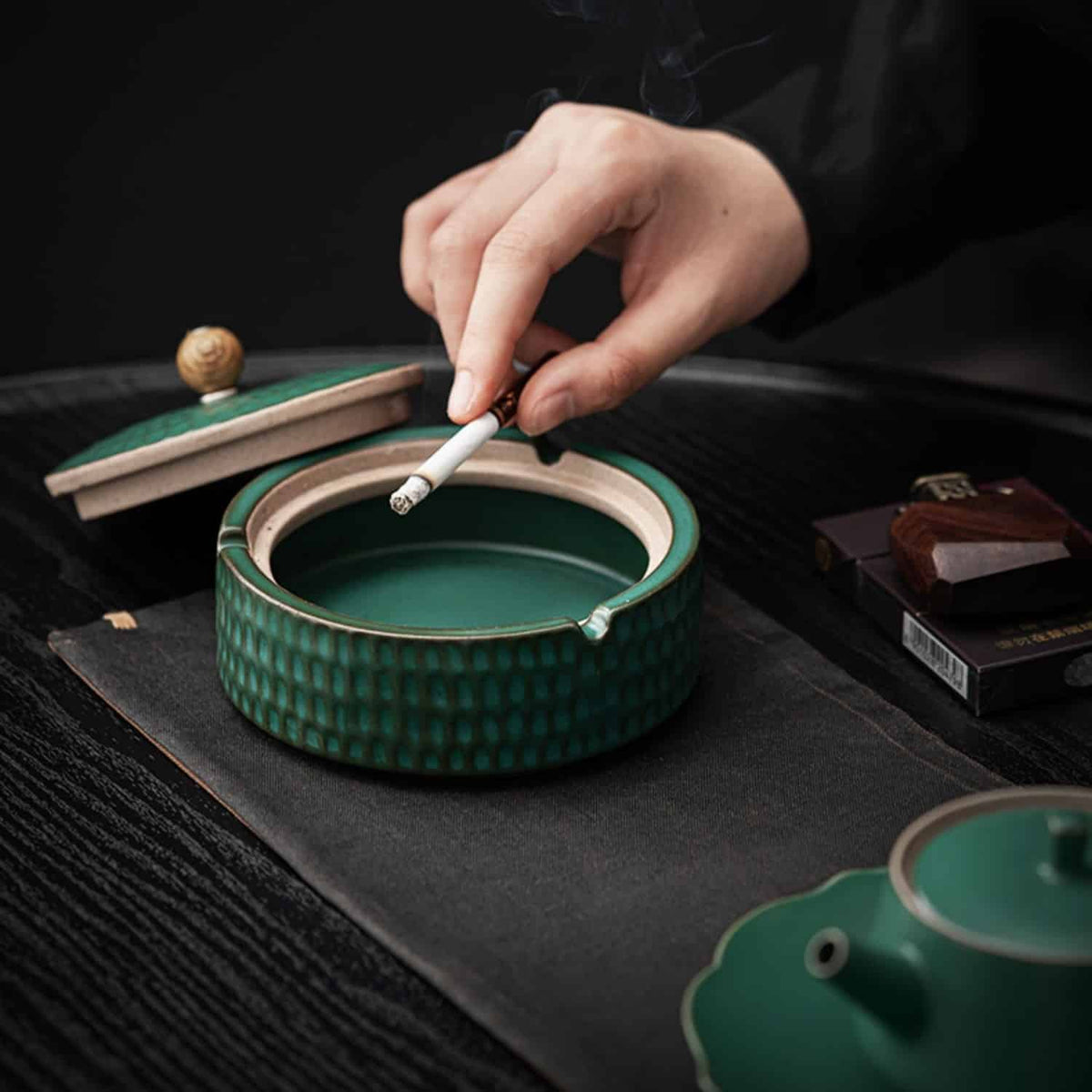 Ashtray Handmade Glazed Ceramic Wooden Lid With Slot