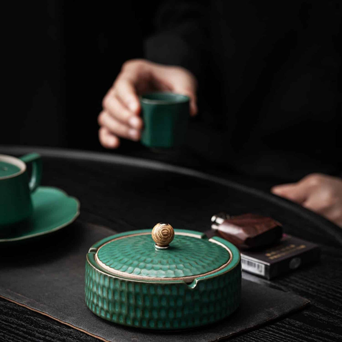 Ashtray Handmade Glazed Ceramic Wooden Lid With Slot