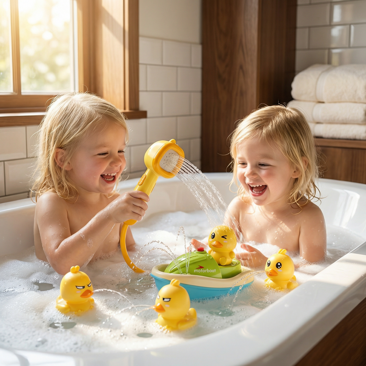 Bath Toy Boat Battery-Powered Shower Head & Squirting Ducks
