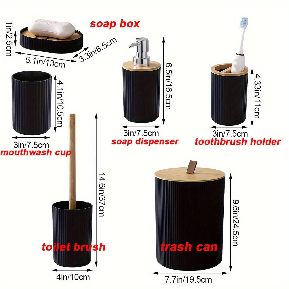 Bathroom Accessory Set Ribbed Bamboo Accents & One-Hand Pump
