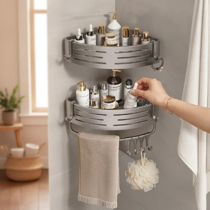 Bathroom Corner Shelf Set Drill-Free Aluminum Slatted 8 Hooks