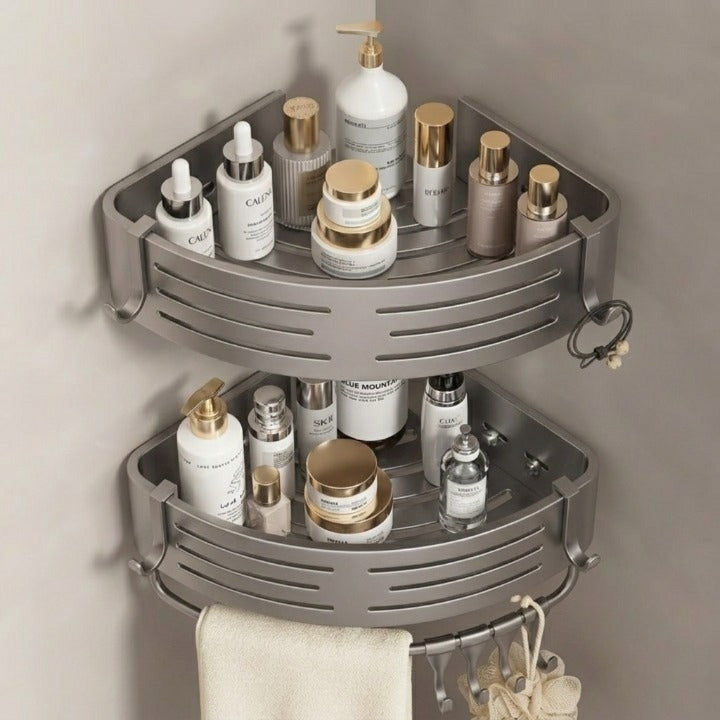 Bathroom Corner Shelf Set Drill-Free Aluminum Slatted 8 Hooks