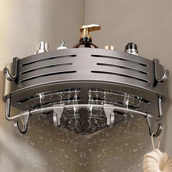 Bathroom Corner Shelf Set Drill-Free Aluminum Slatted 8 Hooks