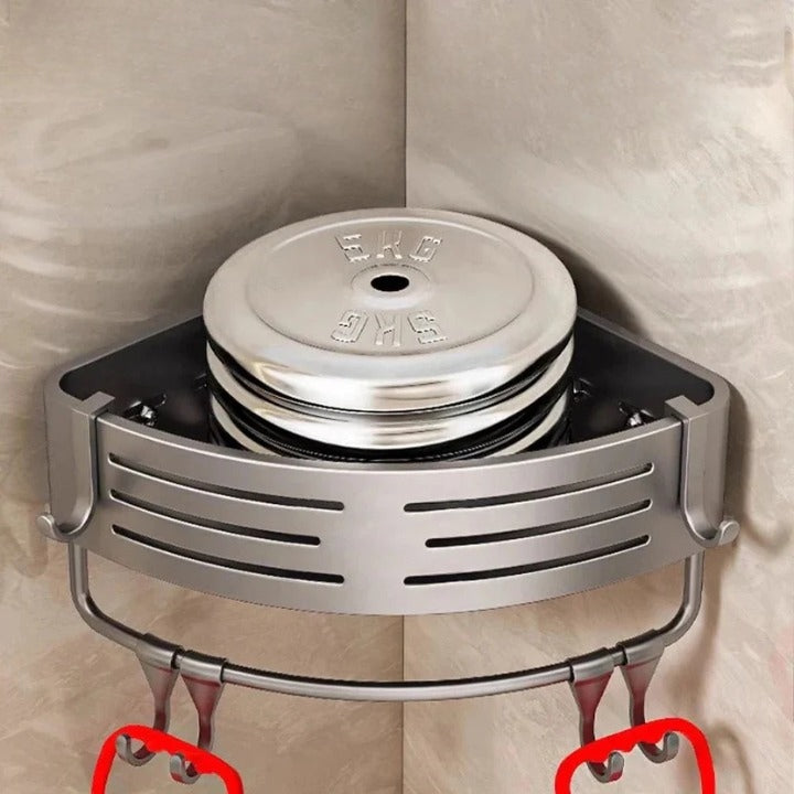 Bathroom Corner Shelf Set Drill-Free Aluminum Slatted 8 Hooks