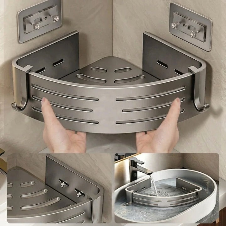 Bathroom Corner Shelf Set Drill-Free Aluminum Slatted 8 Hooks