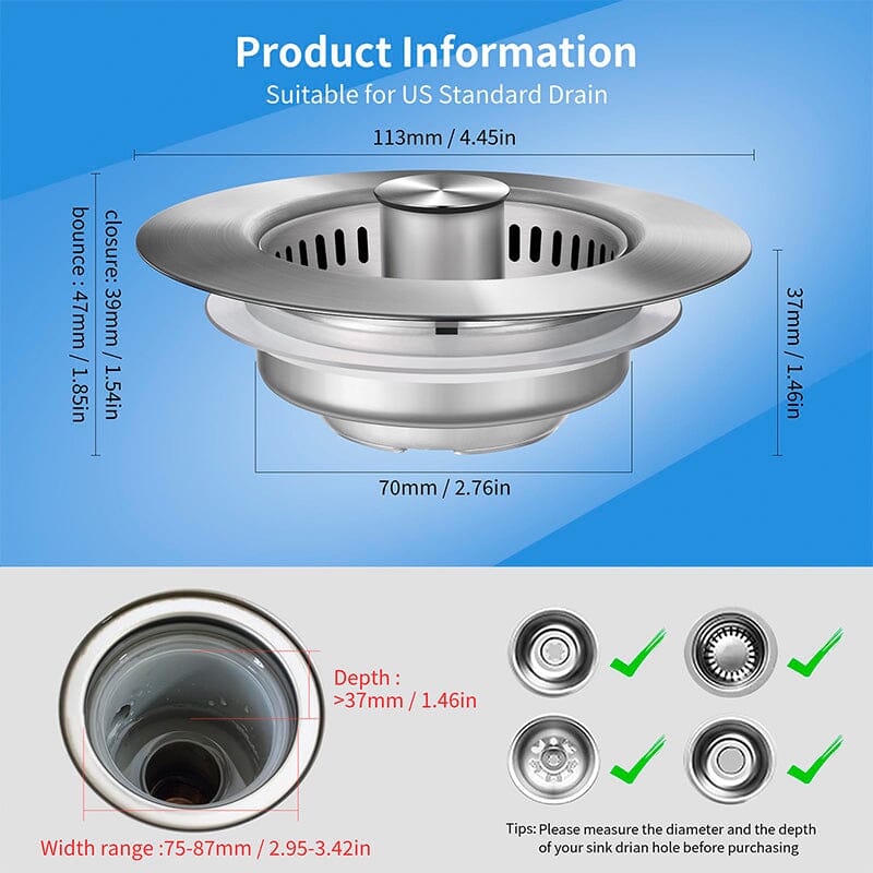 Bathroom Drain Strainer Pop-Up Stopper & Basket Filter