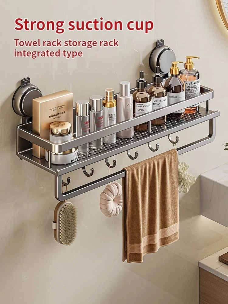 Bathroom Wall Shelf Drill-Free Rust-Resistant Towel Bar & Hooks
