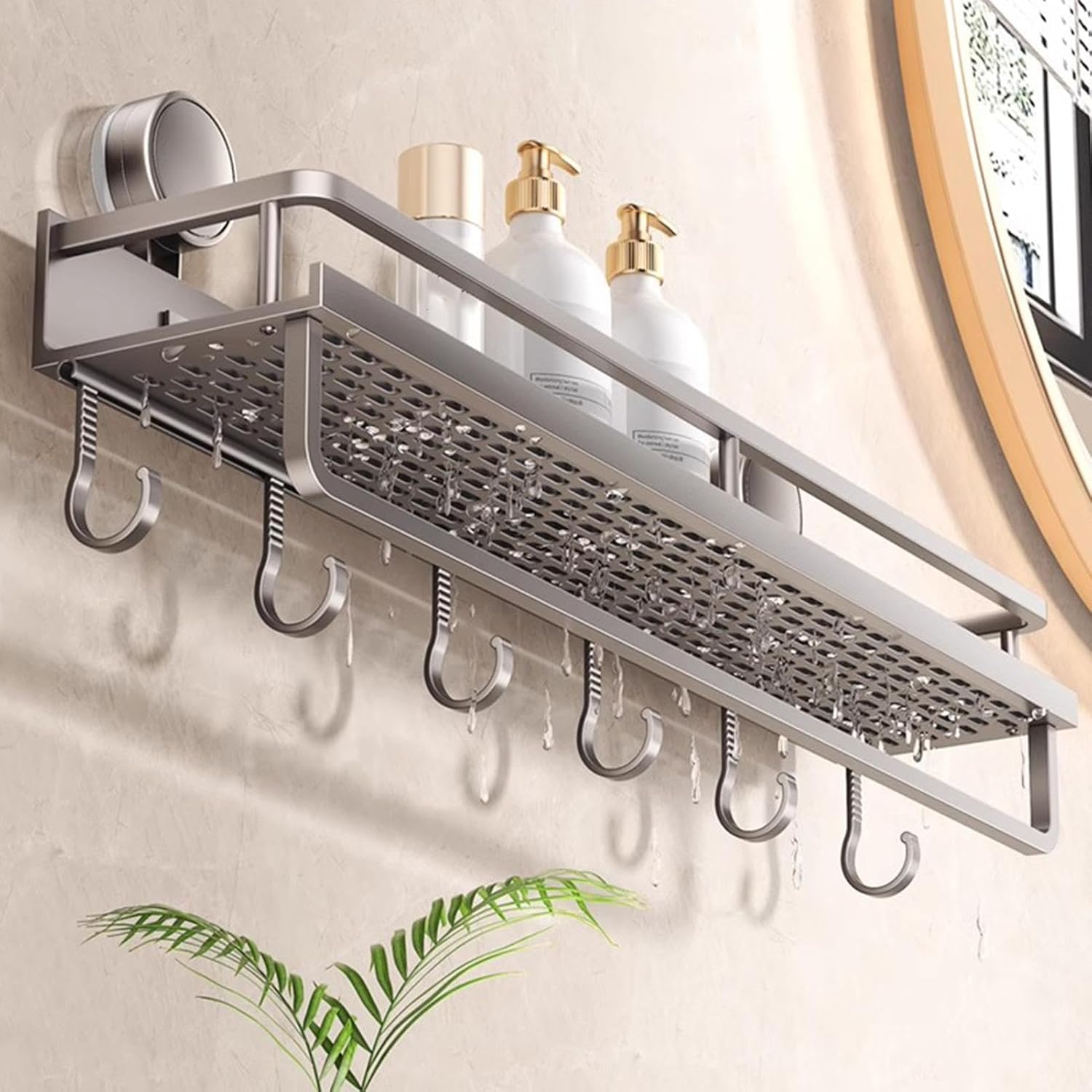 Bathroom Wall Shelf Drill-Free Suction Mount Slatted Aluminum