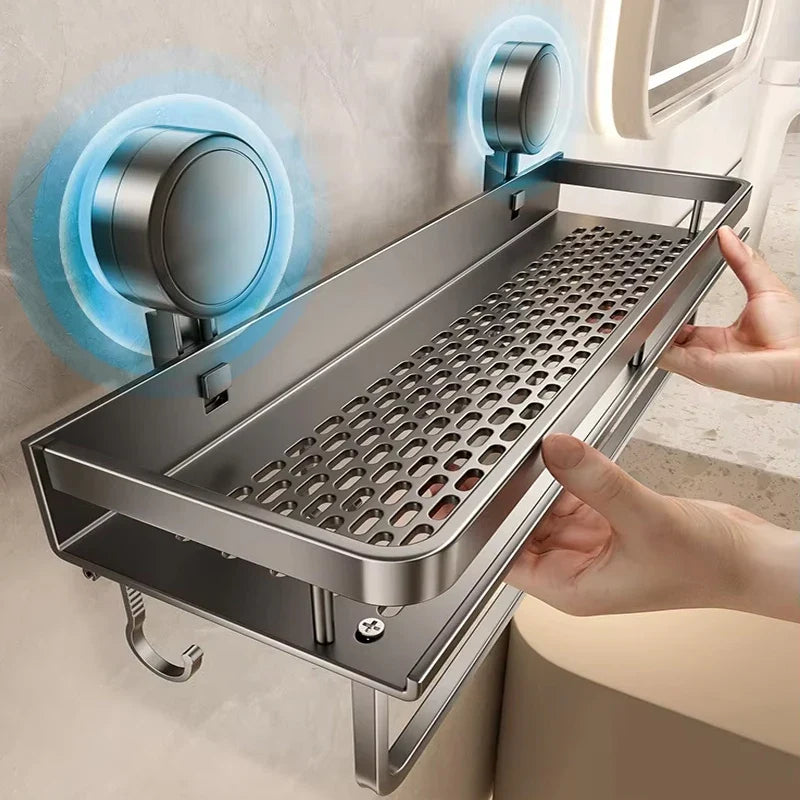 Bathroom Wall Shelf Drill-Free Suction Mount Slatted Aluminum
