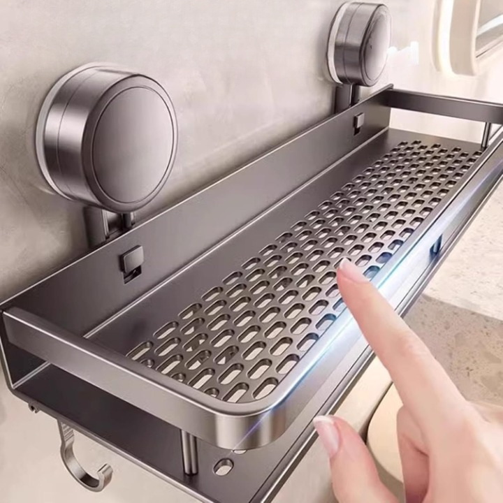 Bathroom Wall Shelf Drill-Free Suction Mount Slatted Aluminum