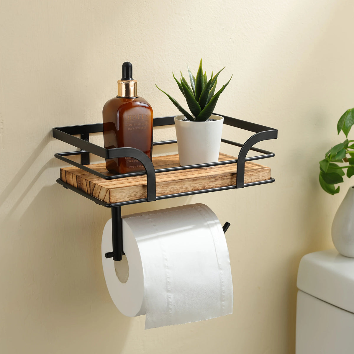 Bathroom Wall Shelf Metal & Wood Toilet Paper Holder