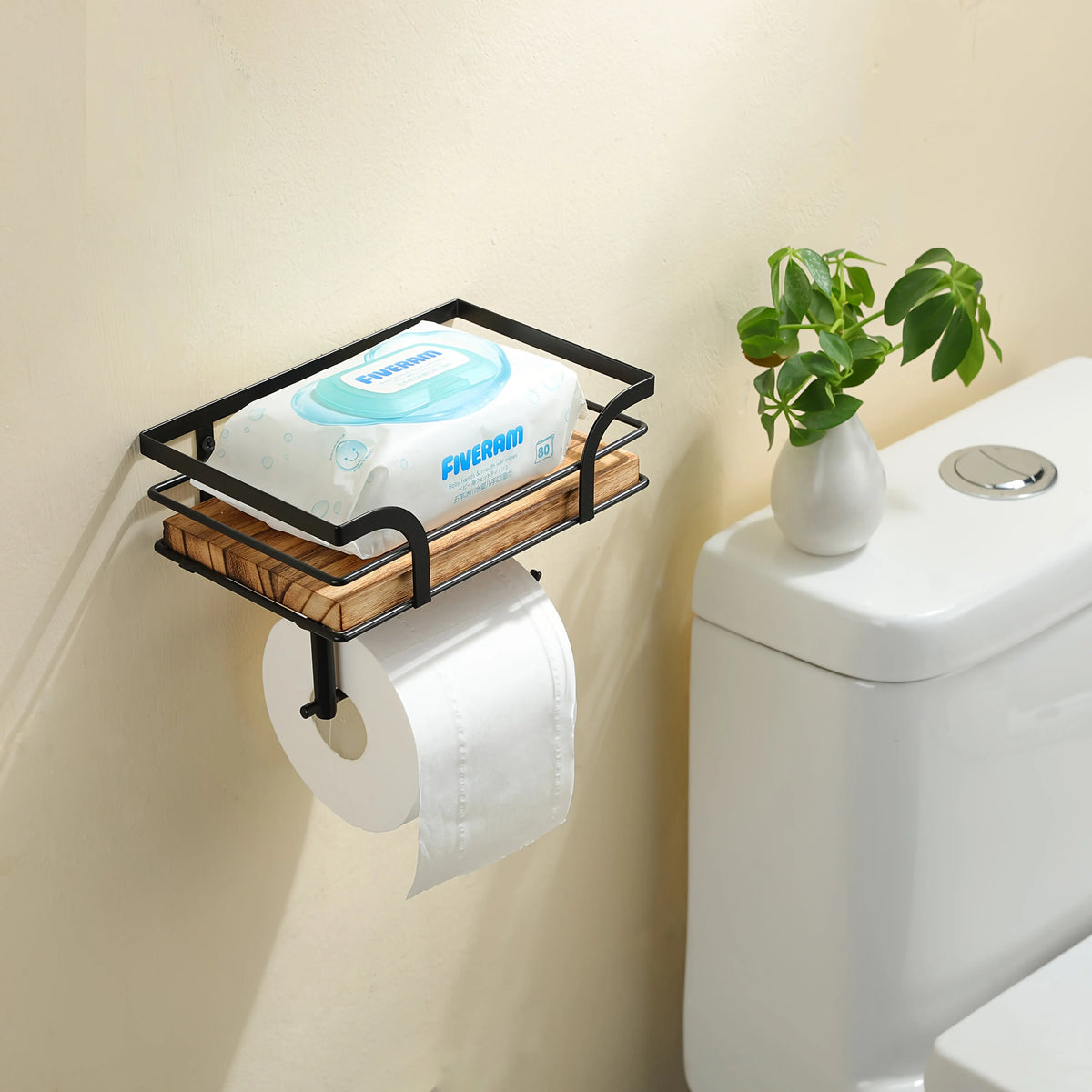 Bathroom Wall Shelf Metal & Wood Toilet Paper Holder