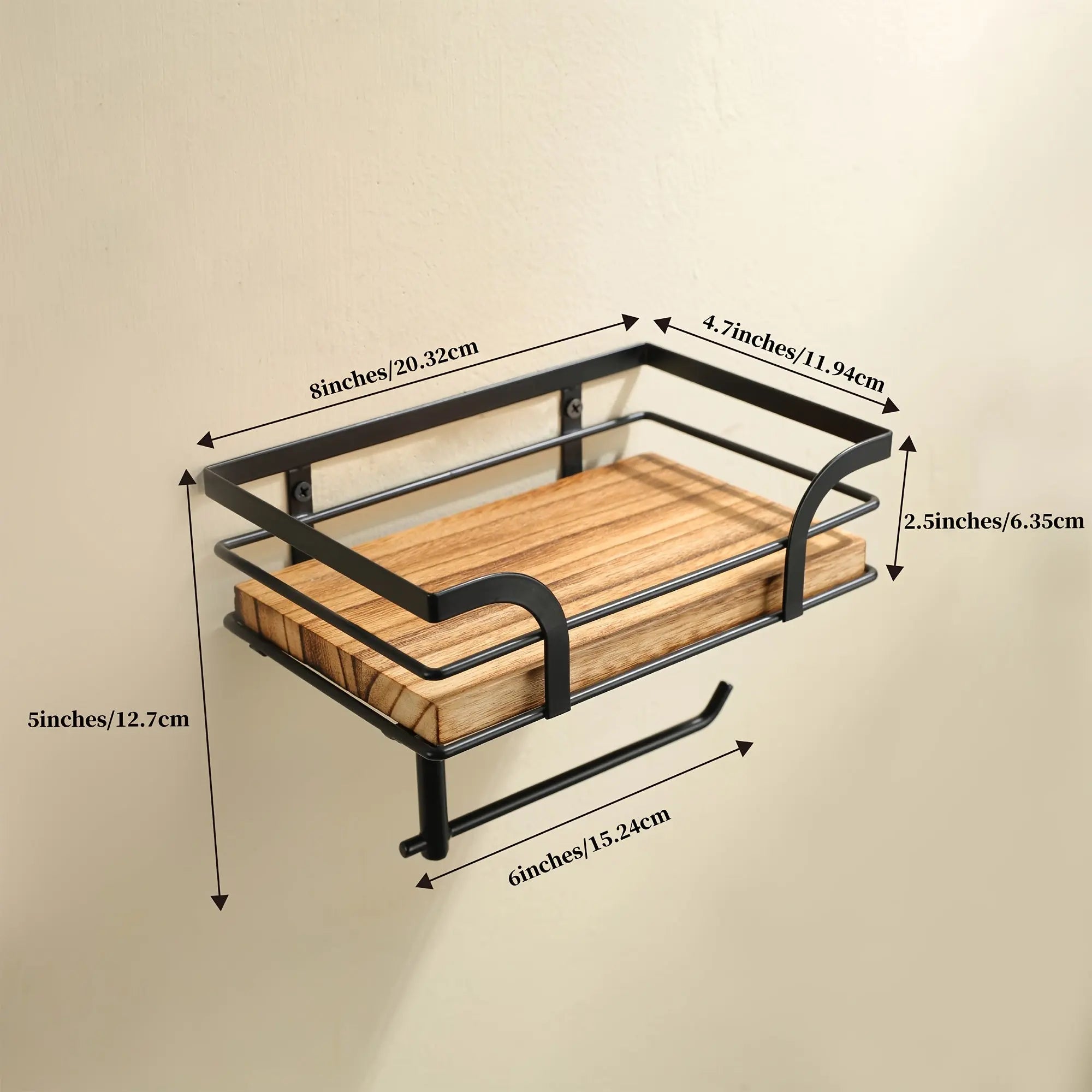 Bathroom Wall Shelf Metal & Wood Toilet Paper Holder