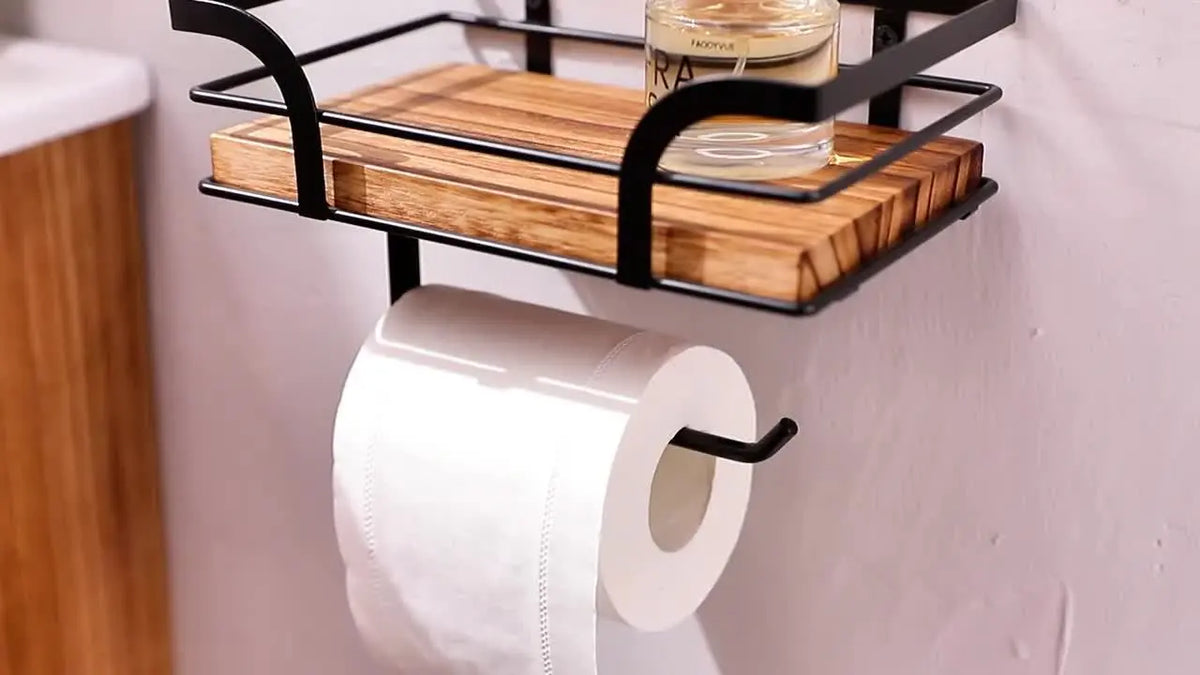 Bathroom Wall Shelf Metal & Wood Toilet Paper Holder