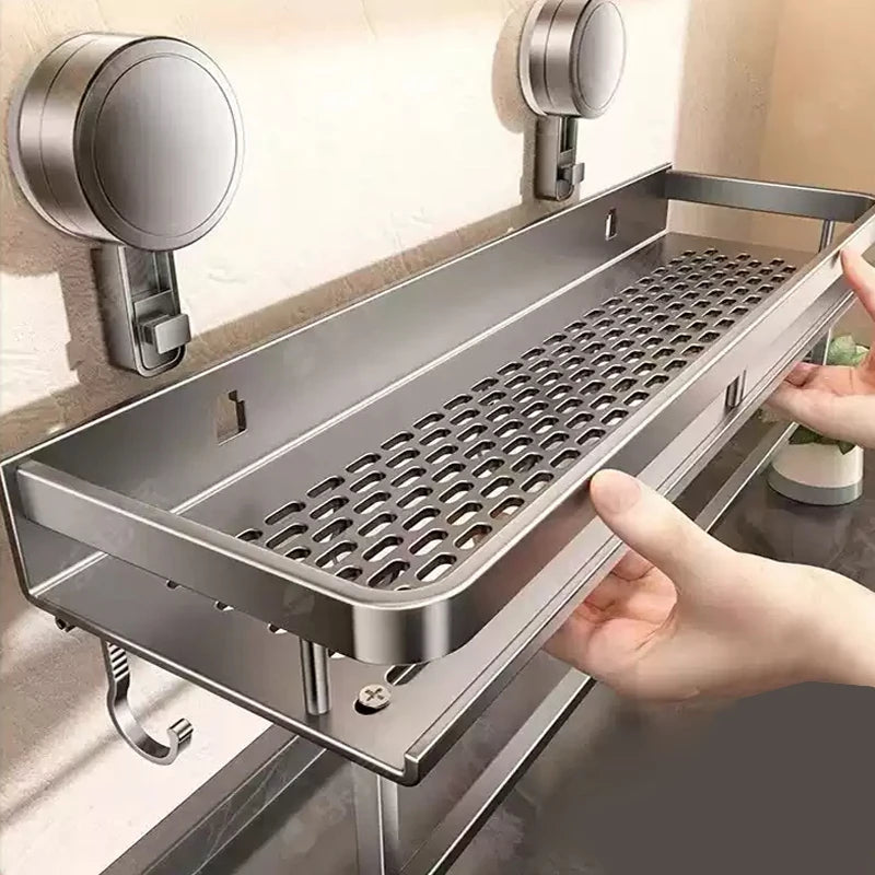 Bathroom Wall Shelf No-Drill Suction Mount Perforated Aluminum