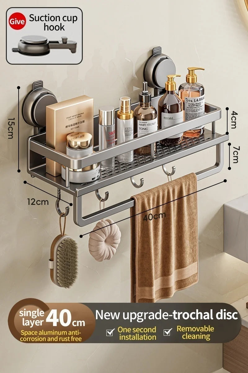 Bathroom Wall Shelf No-Drill Suction Mount Perforated Aluminum