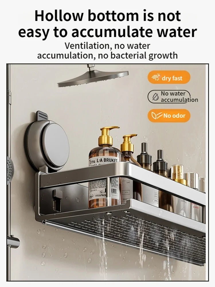Bathroom Wall Shelf No-Drill Suction Mount Perforated Aluminum