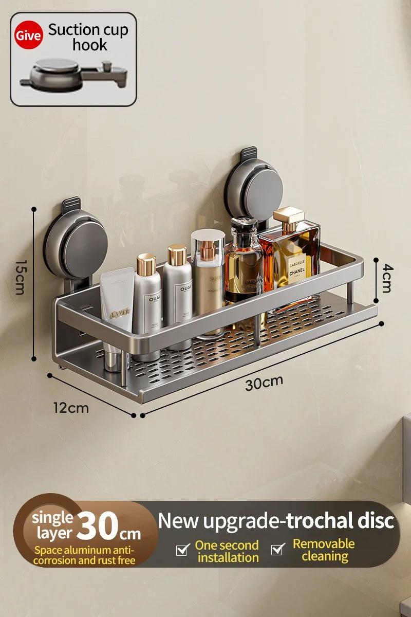 Bathroom Wall Shelf No-Drill Suction Mount Perforated Aluminum