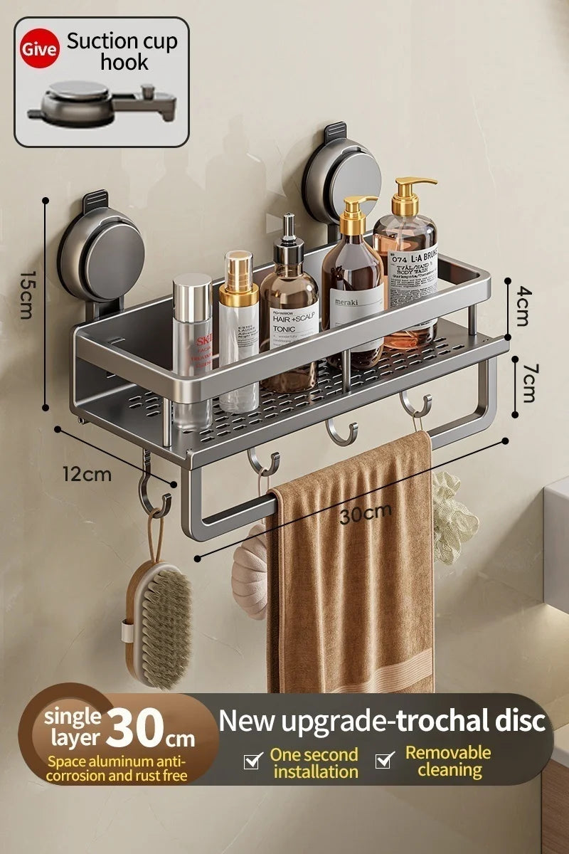 Bathroom Wall Shelf No-Drill Suction Mount Perforated Aluminum
