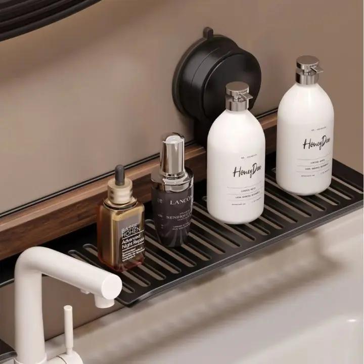 Bathroom Wall Shelf Rotating Suction Mount Walnut Finish